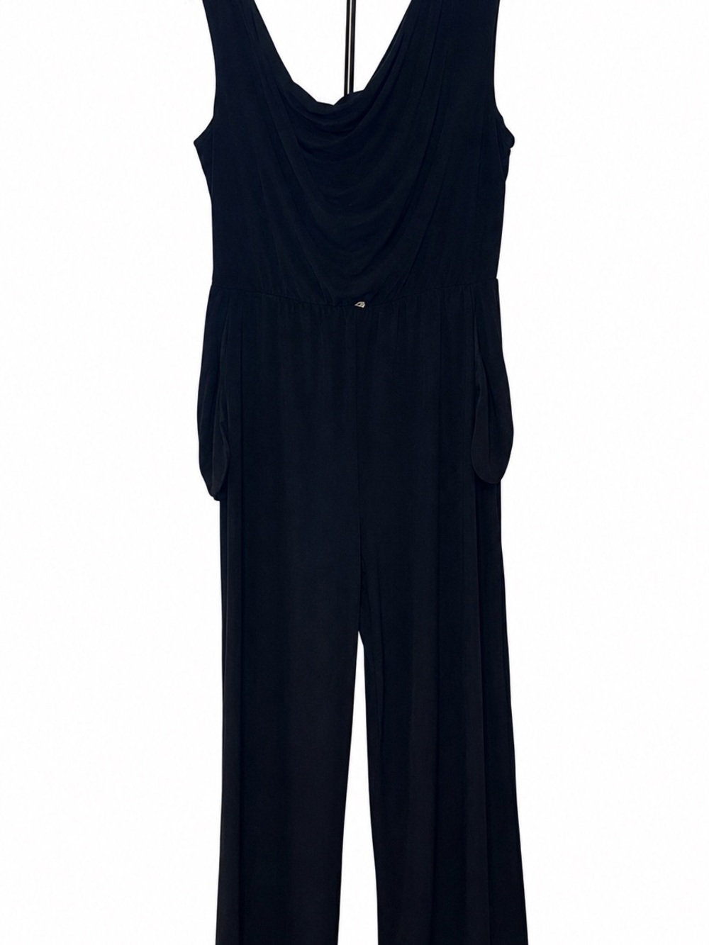 RONNI NICOLE Black Draped Wide Leg Jumpsuit – Size 1X – Elegant + Pockets